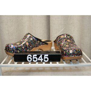 BJORK Araceli Wood Open Back Leather, size 40 Bird Colorful Pattern Swed…